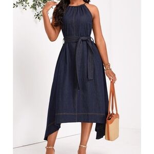 GORGEOUS SLEEVELESS DENIM DRESS FABRIC TIE DETAIL AND UNIQUE HEMLINE LIKE NEW LG